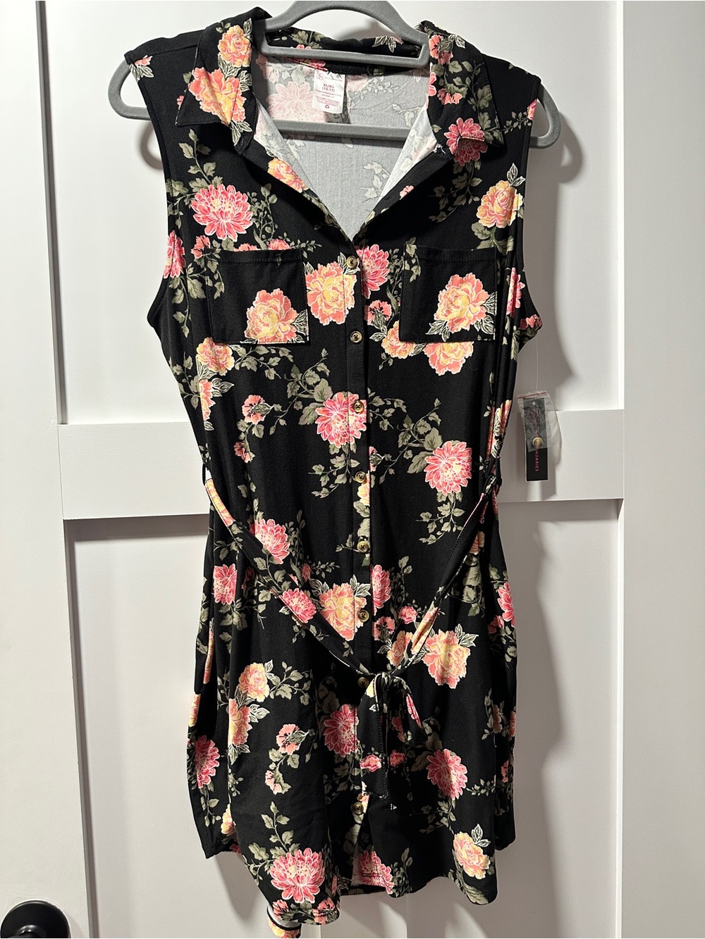 Sleeveless Black Floral Shirt Dress with Pink Floral Print